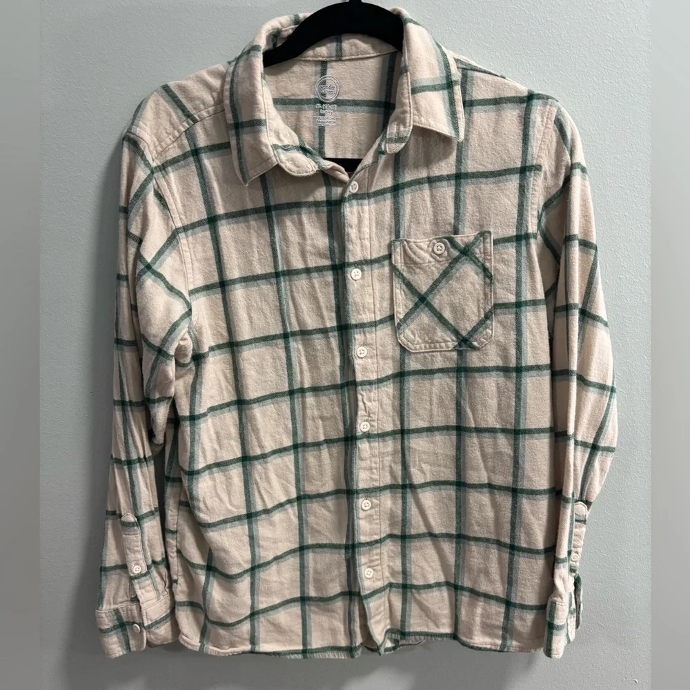 Boy’s Wonder Nation Green and‎ Cream Plaid Shirt Husky Size XL